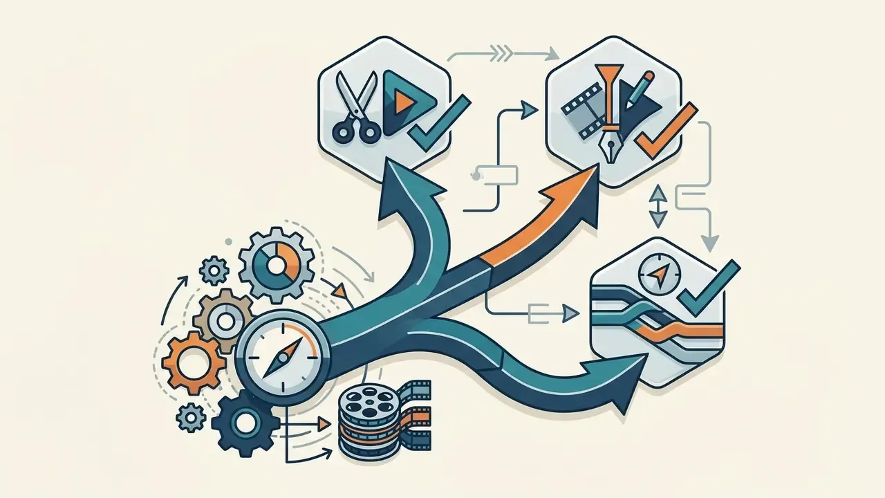 Gears and film reels branching into three paths leading to icons representing video editing software