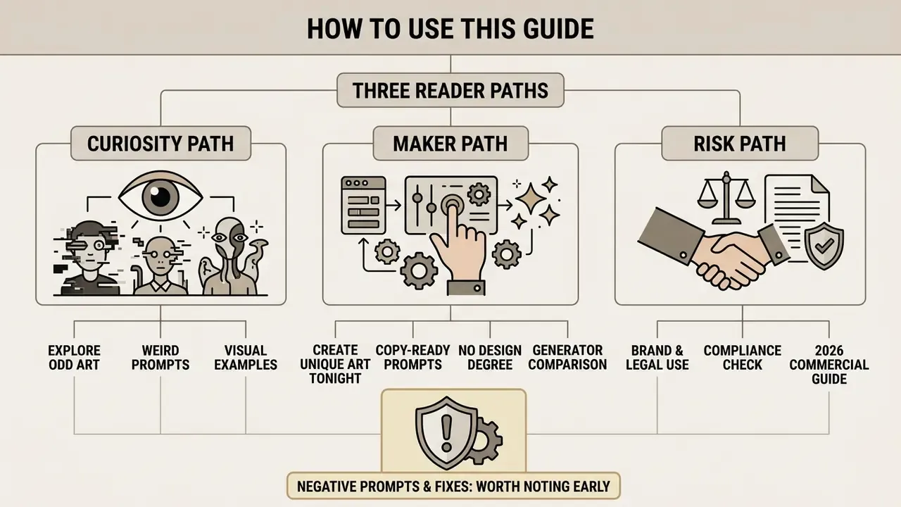 Flowchart outlining three reader paths for exploring weird AI images including curiosity, maker, and risk