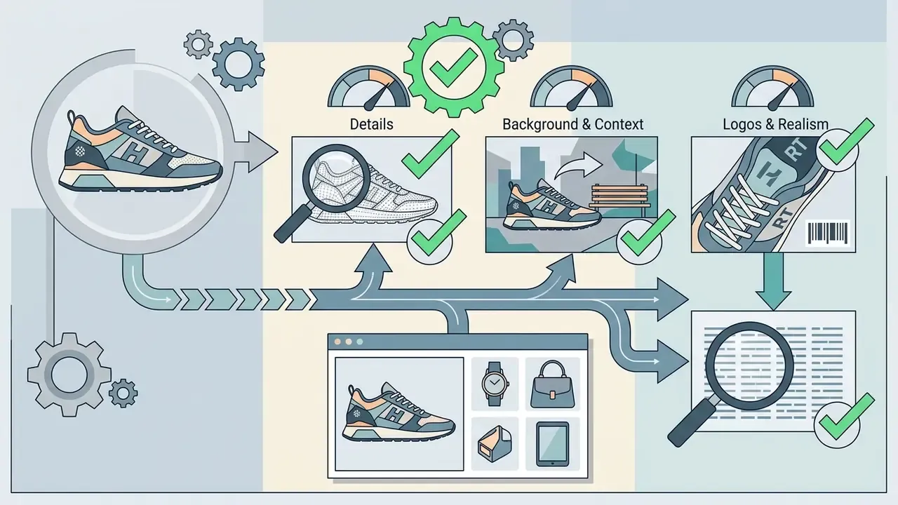 Workflow showing sneaker image processing across quality checkpoints for details, context, and branding