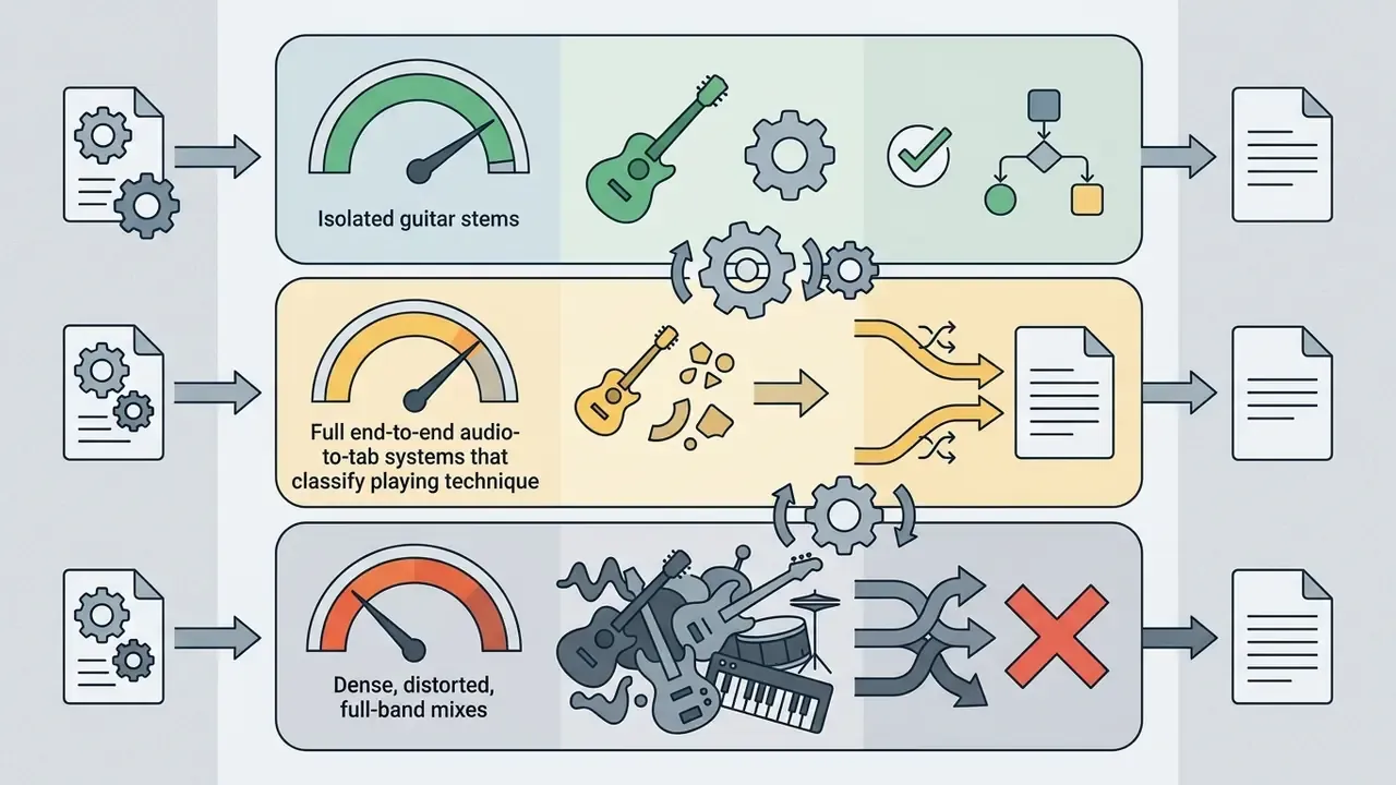 Three-tiered diagram illustrating accuracy levels for different audio input types in music transcription