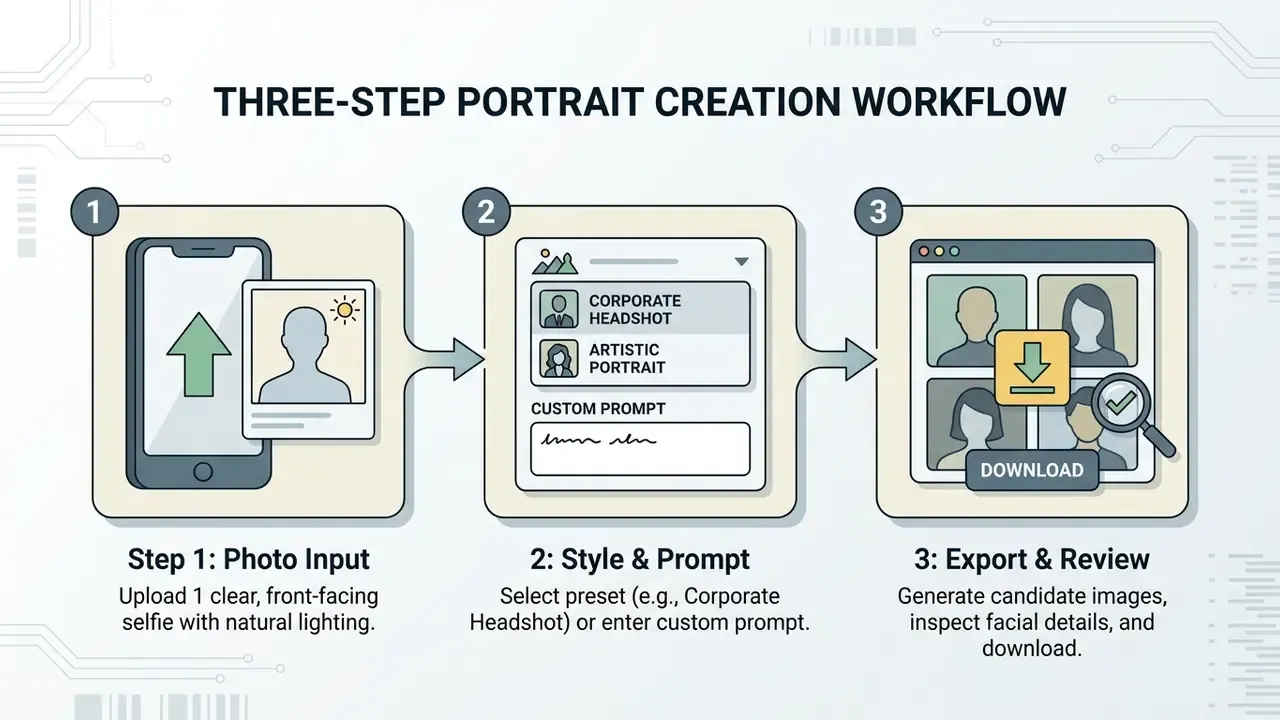Three step diagram showing how to upload a photo, select a style, and download your AI portrait generator