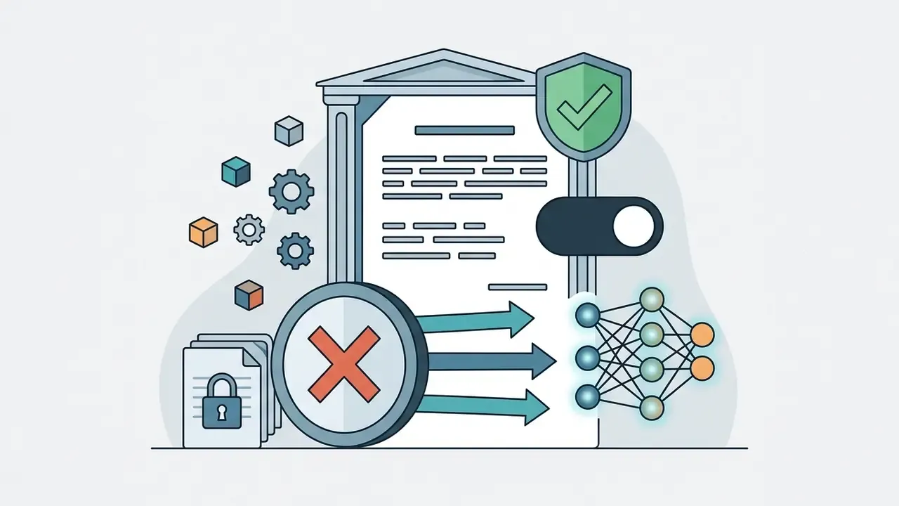 Document with a shield checkmark and toggle switch blocking data flow to a neural network