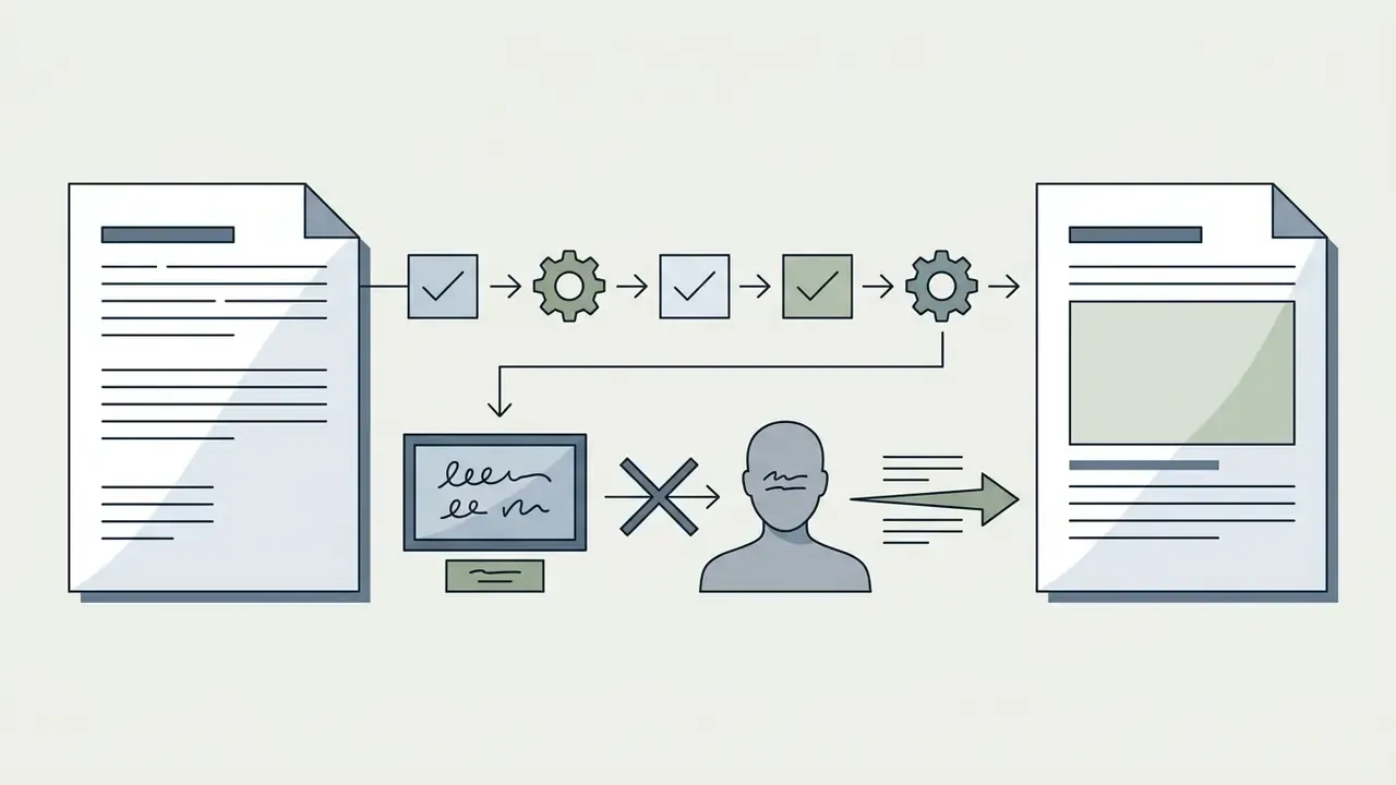 Document processing path with gears and checkmarks leading to a human review step for final report updates