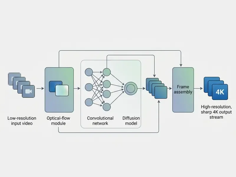 Data flow diagram showing low-resolution video processed through neural networks into a 4K output stream