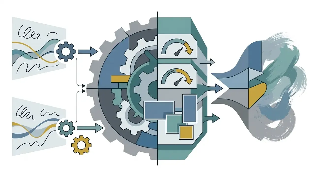 Data inputs feeding into a gear mechanism and gauges that transform information into painterly brushstrokes