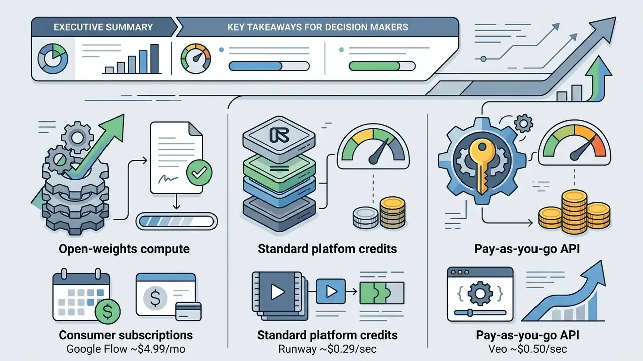 Comparison of unit economics for AI video generation tools showing compute, credit, and API pricing models