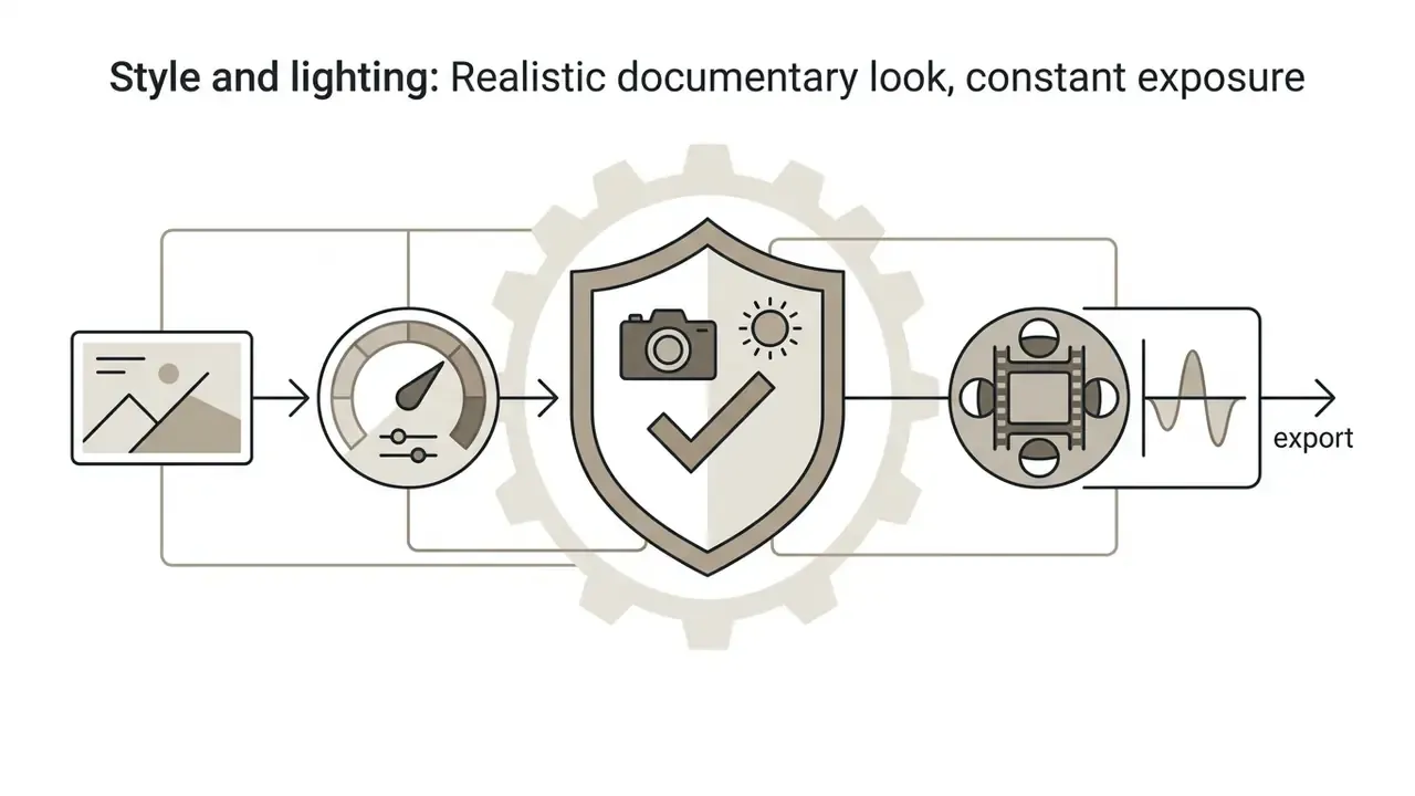 Photo input passing through a gauge and shield icon with camera and sun symbols to reach an export stage