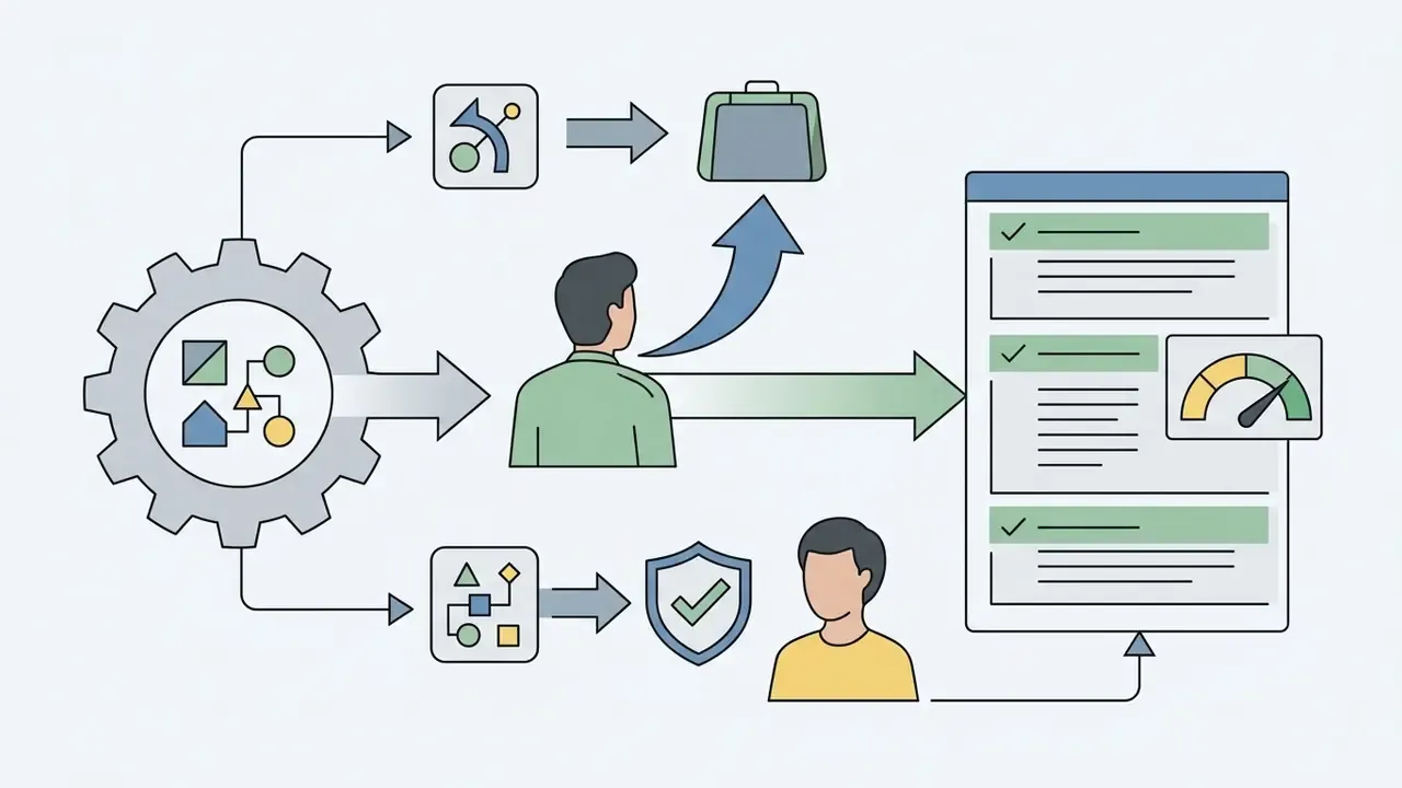 Gear mechanism processing data for human review and final content output with performance tracking
