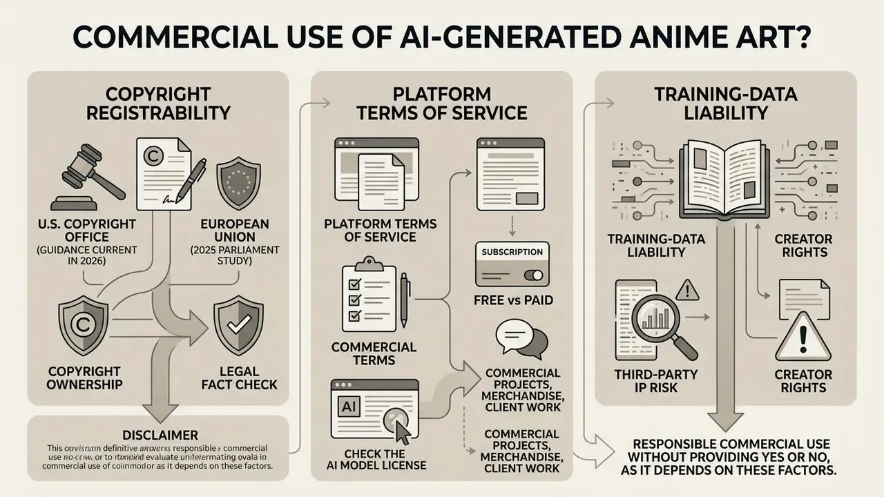 Infographic outlining legal factors for commercial use of generated art including copyright and platform terms