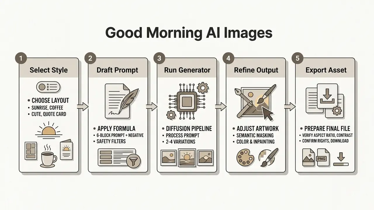 Five sequential steps for digital content creation displayed in a horizontal flow chart