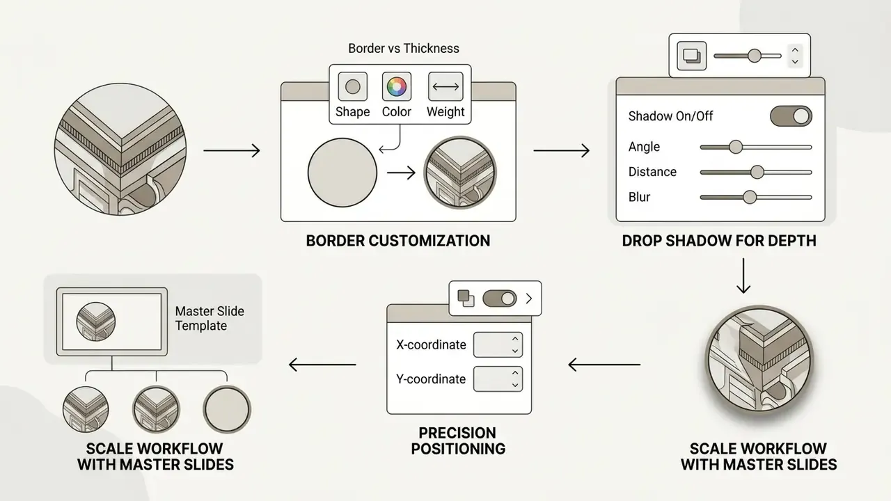 Diagram showing how to add borders, drop shadows, and precision positioning to circular images