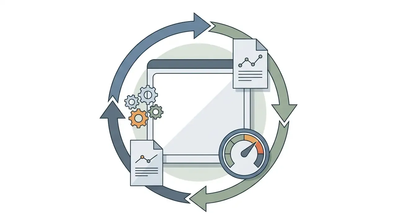 Circular arrows surrounding a screen with documents, gears, and a speedometer icon for video processing