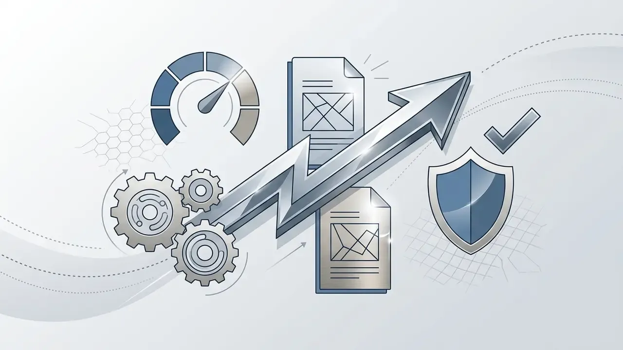 Metallic arrow pointing upward surrounded by gears, documents, a shield icon, and a performance gauge