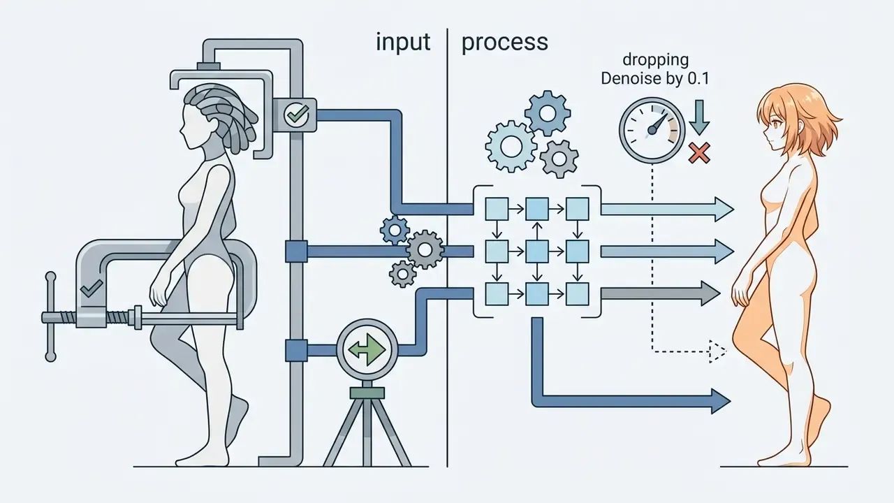 Clamp and scanner locking a figure pose before processing through gears into a stylized character output