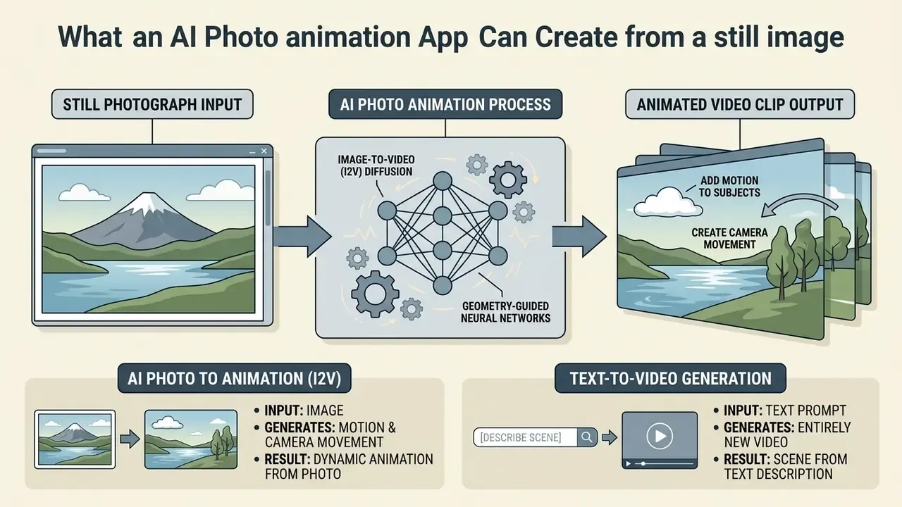 Infographic showing how AI photo animation apps transform still images into video using neural networks