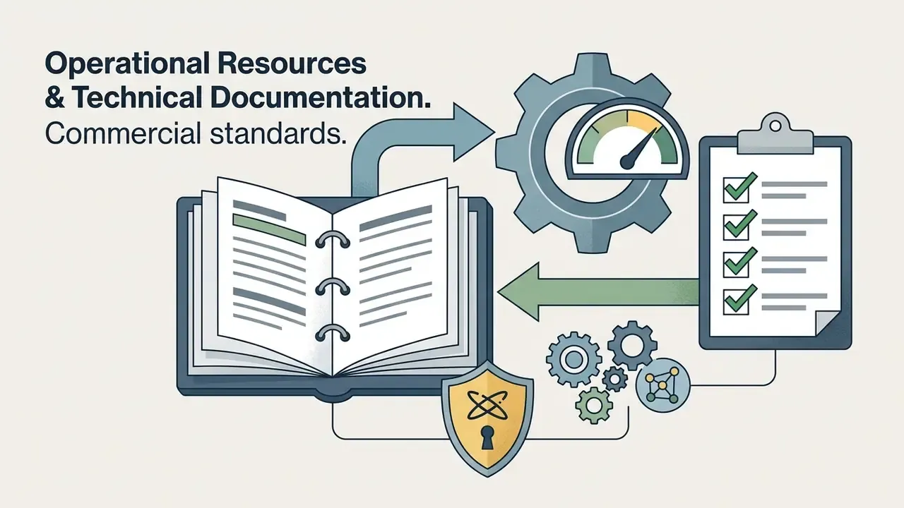 Open binder and checklist with a gear mechanism and speedometer icon representing compliance workflows