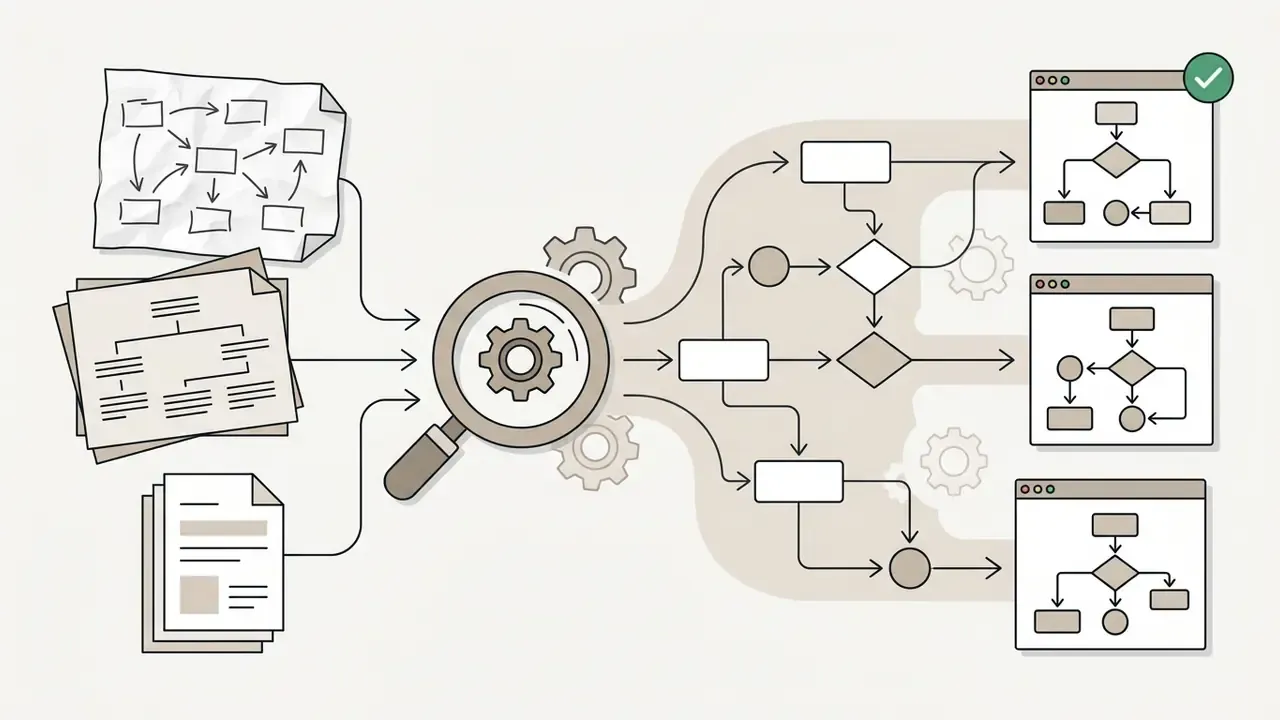 Static documents and diagrams passing through a magnifying glass to become editable digital flowcharts