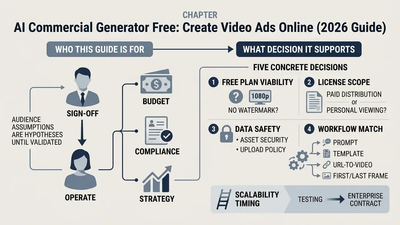 Flowchart outlining five key business decisions for evaluating an AI commercial generator free plan