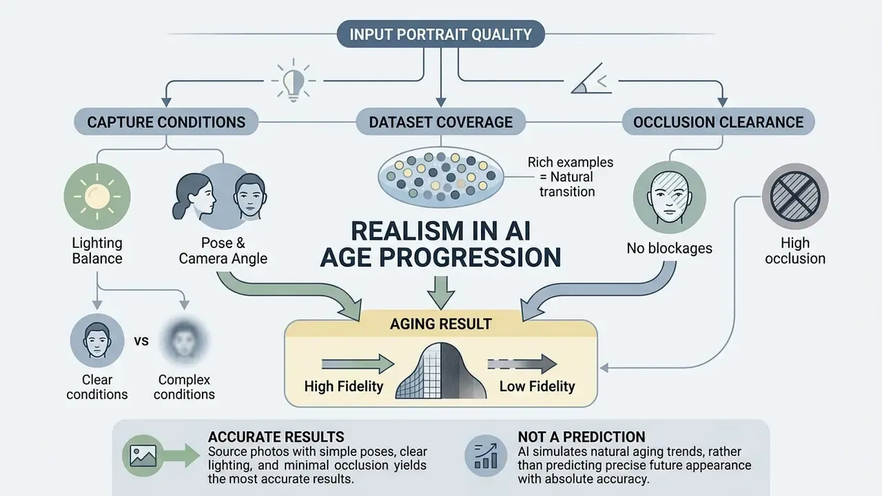 Diagram showing how capture conditions, dataset coverage, and occlusion influence facial aging fidelity