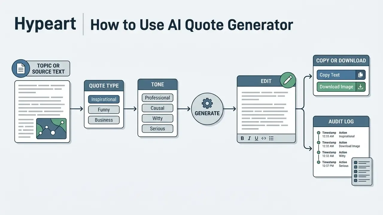 Six-step process flowchart detailing input selection, tone settings, generation, editing, and final output