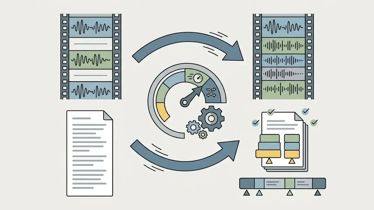 Film strips and documents cycling through a speed gauge and gears to create optimized video chapters