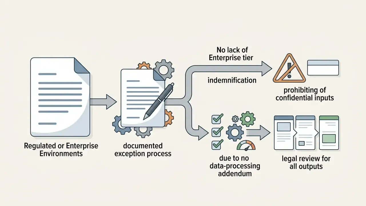 Documented exception process for enterprise environments showing data input restrictions and legal review
