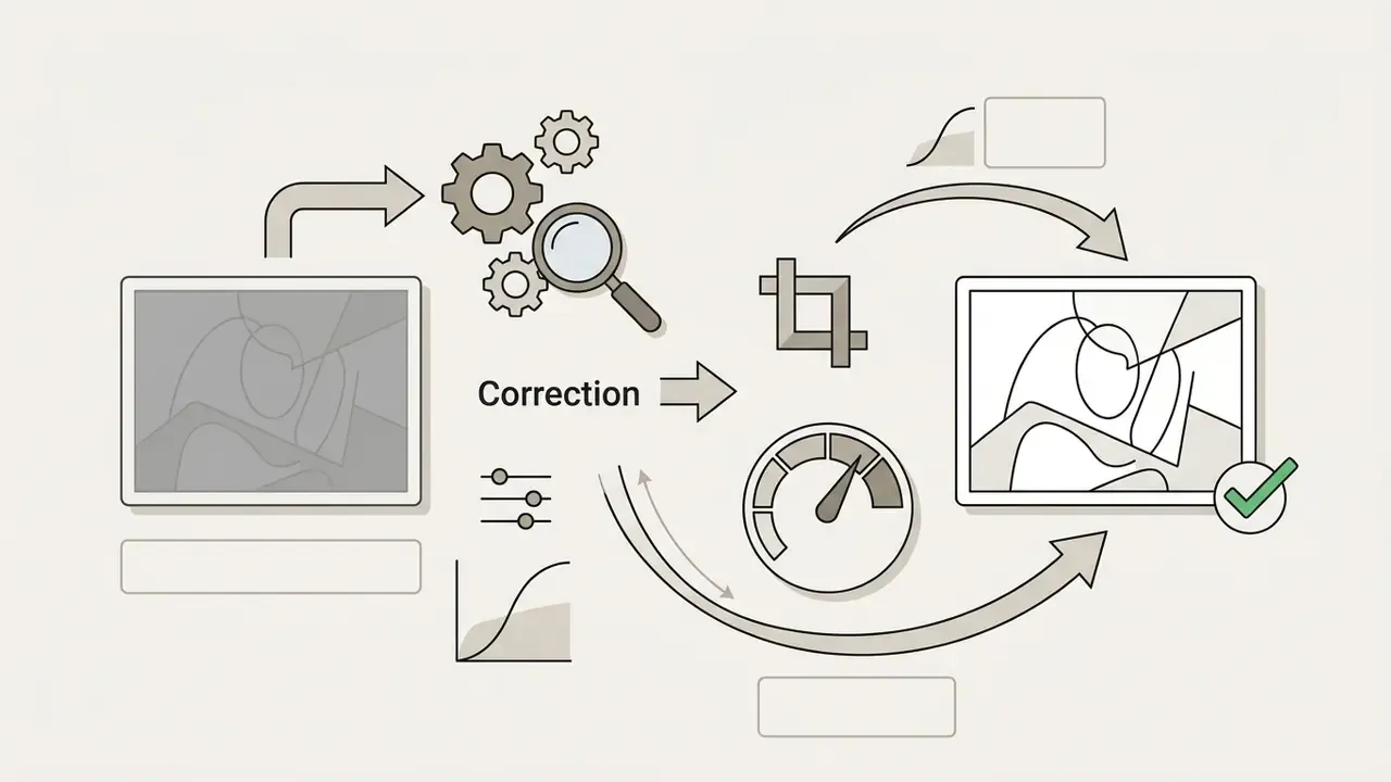 Low contrast image being processed through adjustment tools and a gauge to produce a clear final output