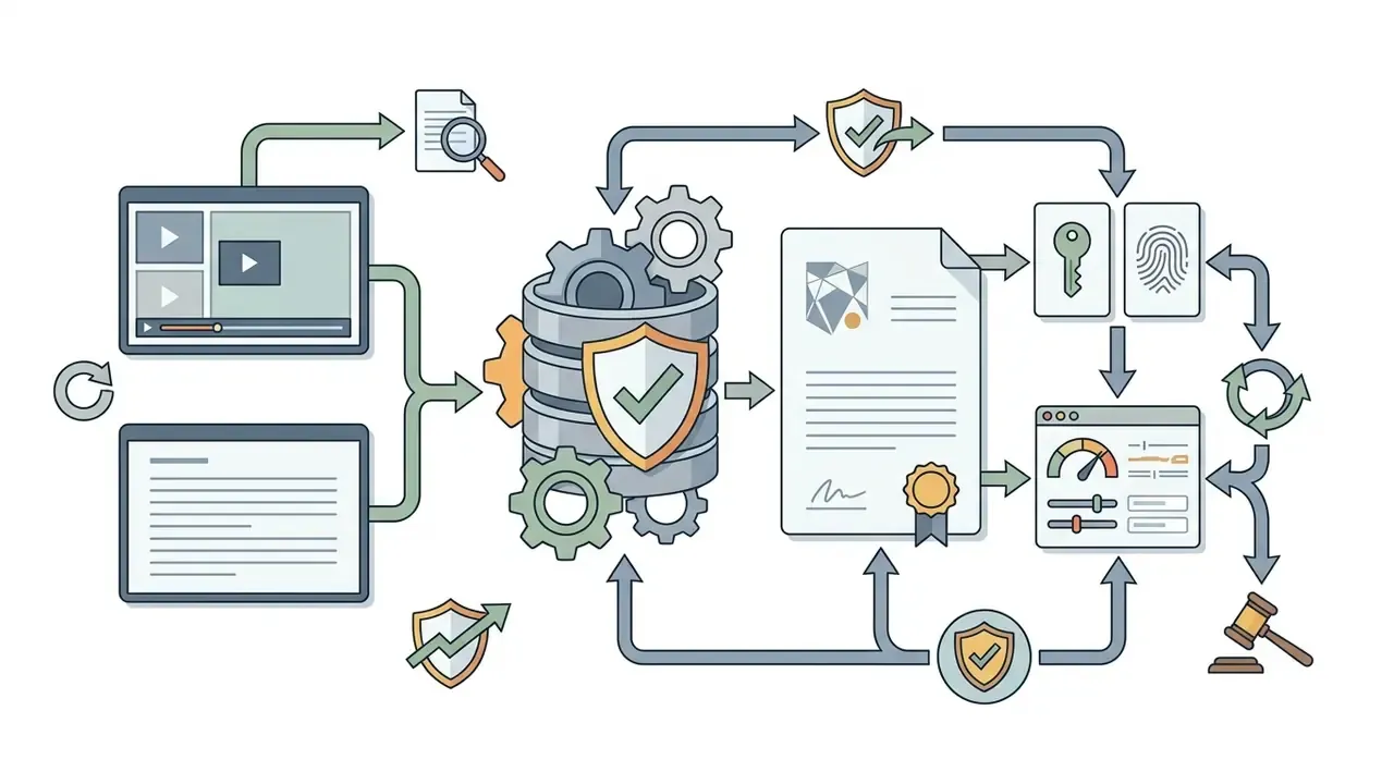 Data pipeline diagram showing media and text inputs processed into a secure registry with audit hashes