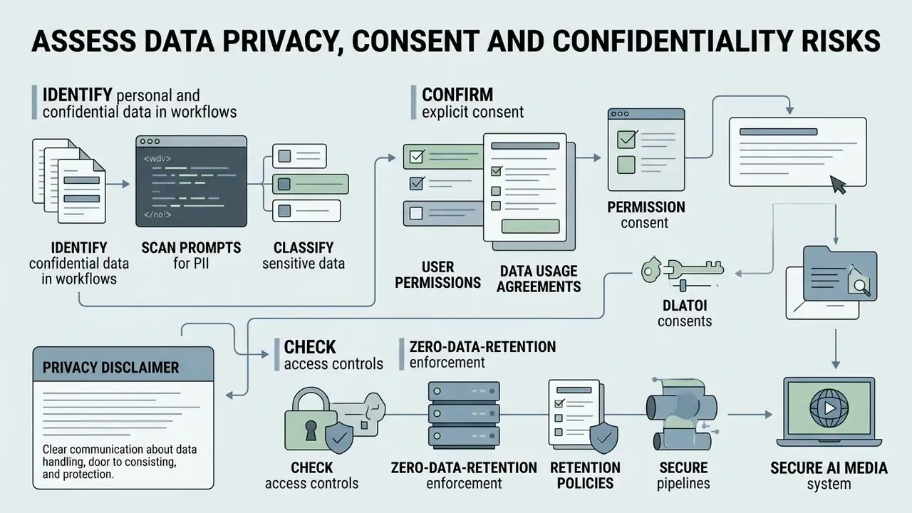 Workflow diagram mapping steps to identify PII, confirm user consent, and enforce data retention policies