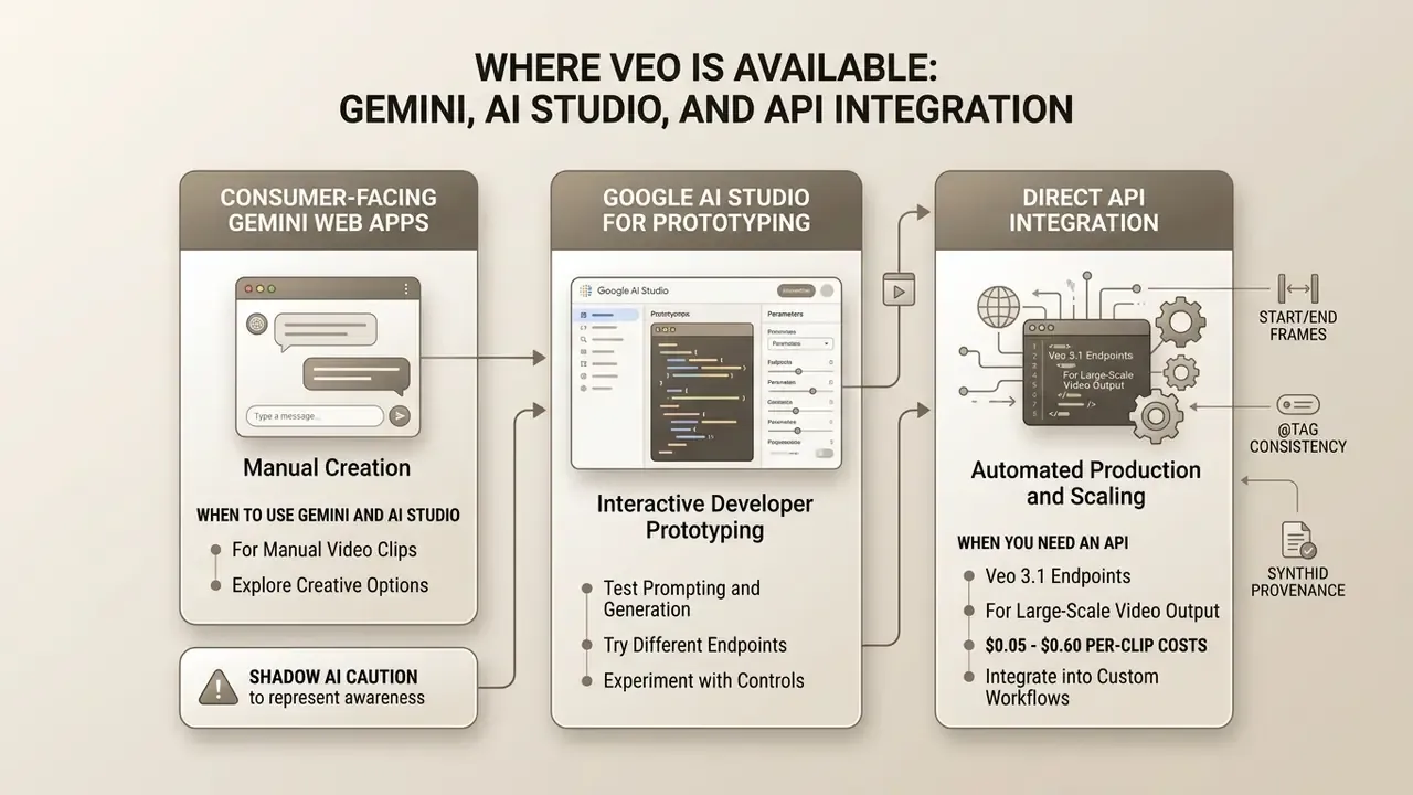 Diagram showing three pathways for using Google Veo across Gemini web apps, AI Studio, and direct API