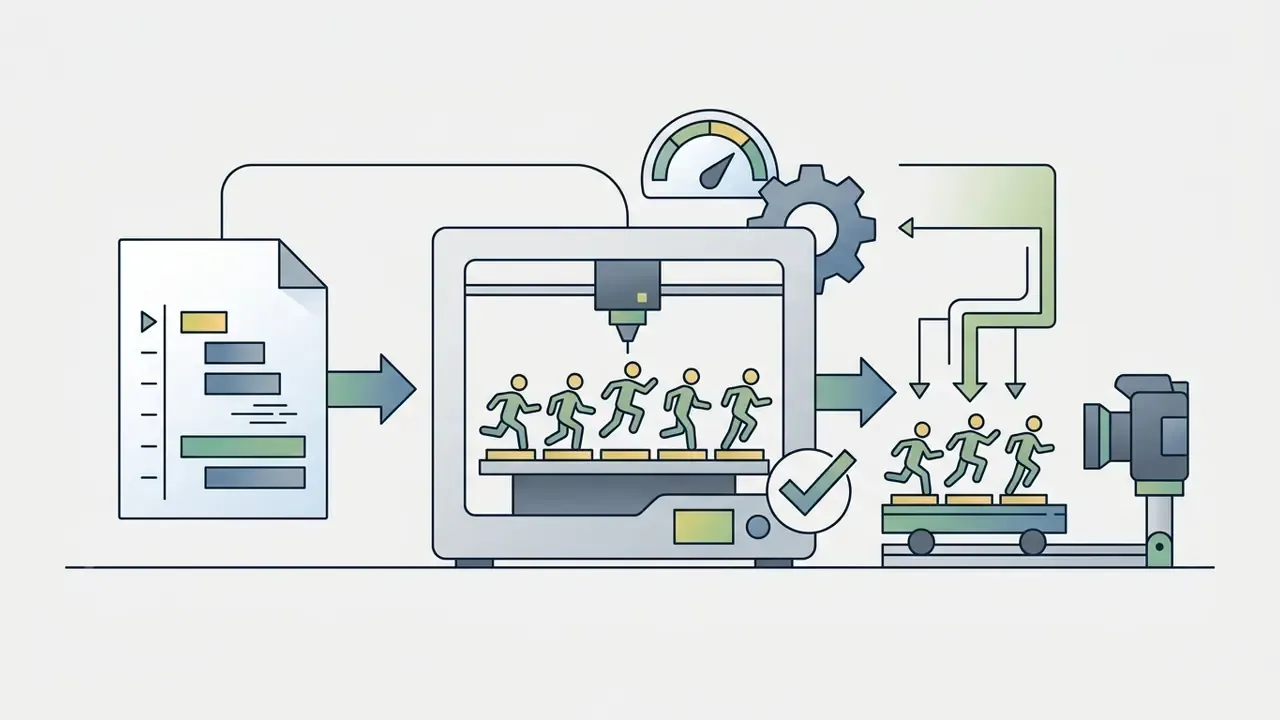 3D printer creating sequential character models for a physical stop-motion camera setup
