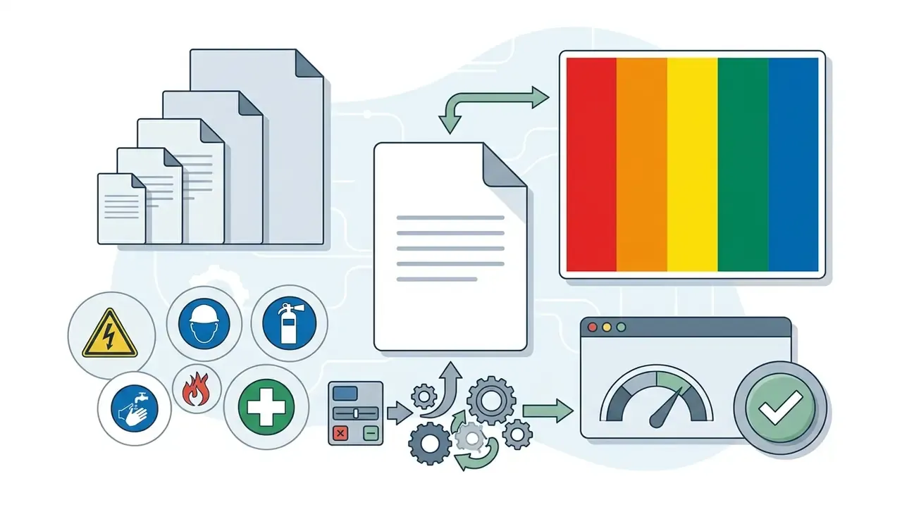 Document templates and safety icons being processed into color-coded hazard signage with a status gauge