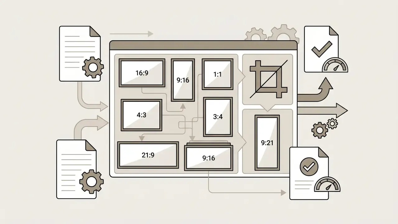Document icons feeding into a central panel displaying various aspect ratio options and a crop tool