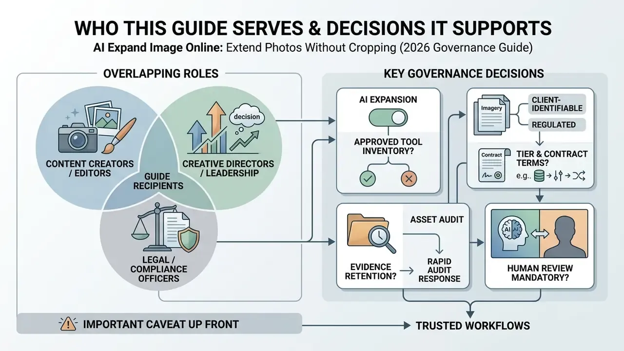 Infographic showing overlapping roles and key governance decisions for using AI expand image tools