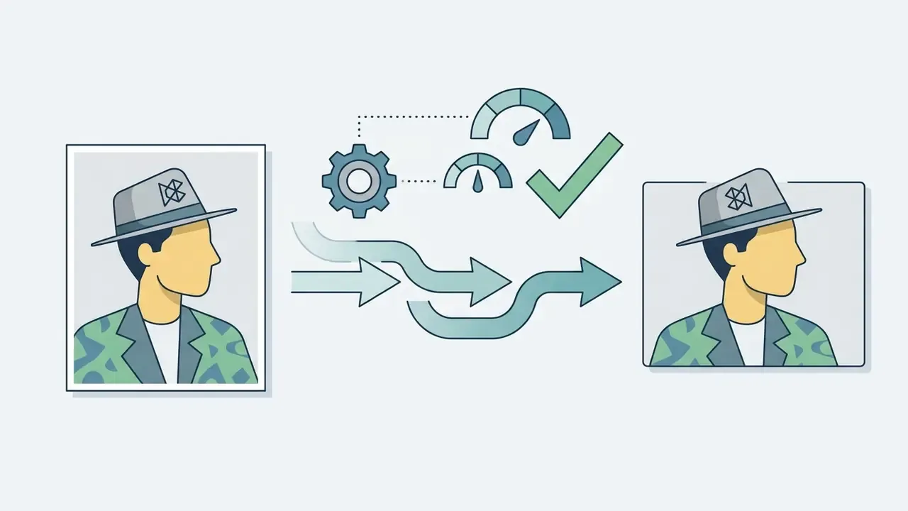 Two identical portraits of a person in a hat connected by arrows showing consistency verification