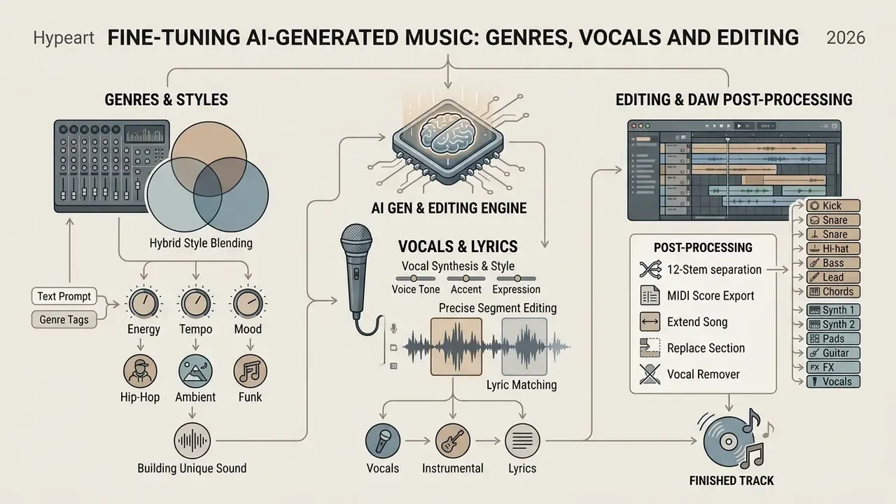 Flowchart detailing music production steps including genre blending, vocal synthesis, and DAW post-processing