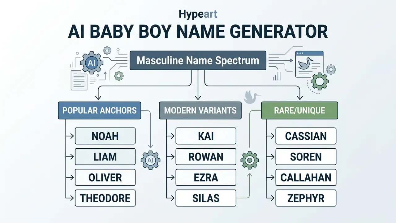 Categorized list of masculine baby names ranging from popular anchors to modern and unique options