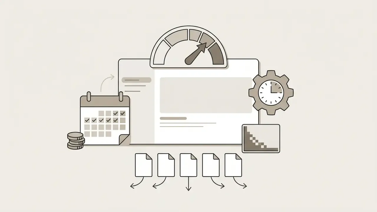 Speedometer gauge above a calendar, gear clock, and document icons representing usage and time limits
