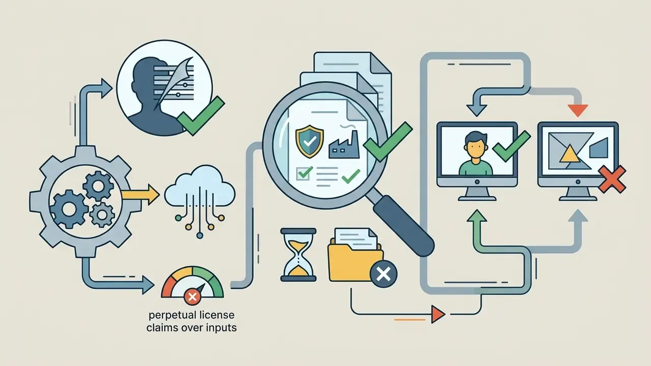 Gear and cloud icons connecting to a magnifying glass over documents and computer screens with status symbols