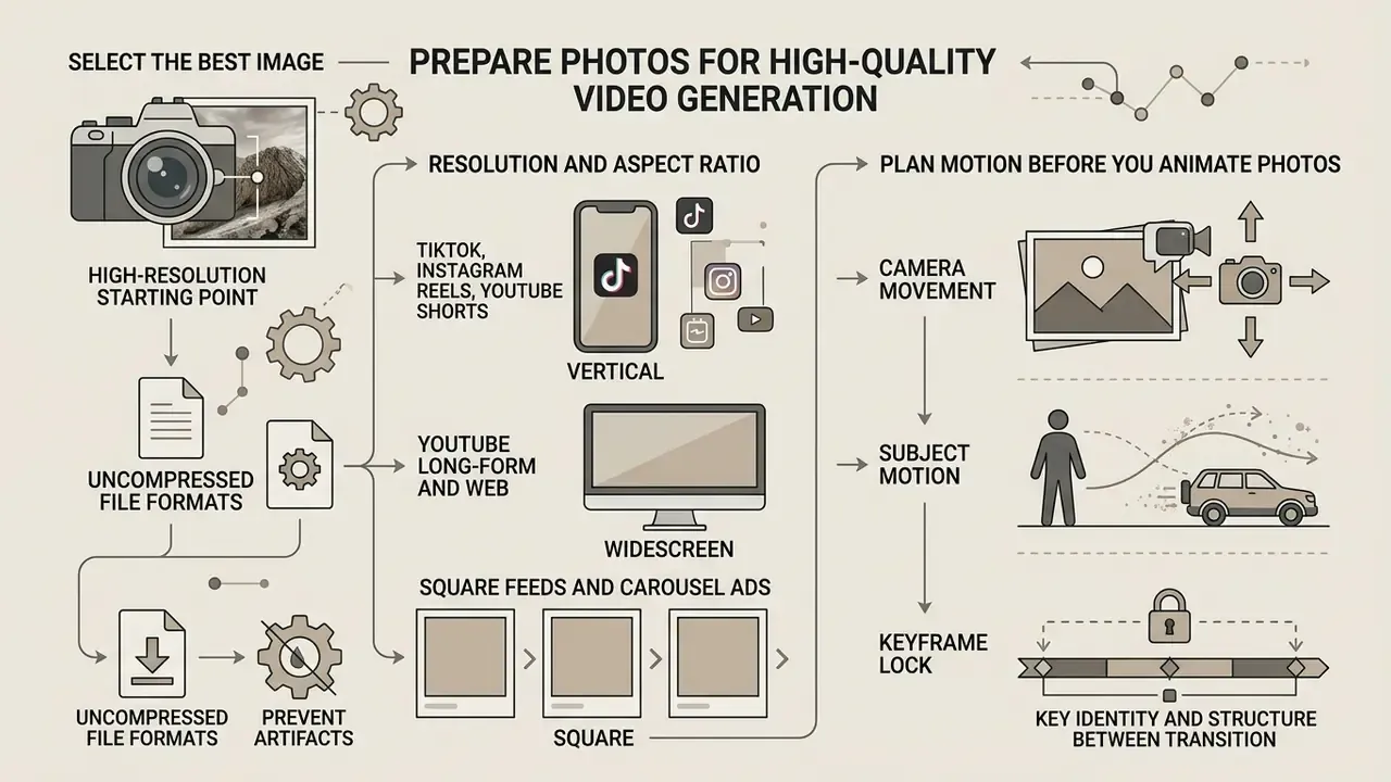 Infographic showing steps for image resolution, aspect ratio selection, and motion planning for video