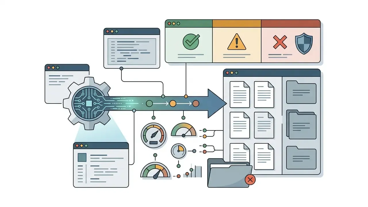 Gear mechanism processing code into documents with status indicators and risk classification gauges