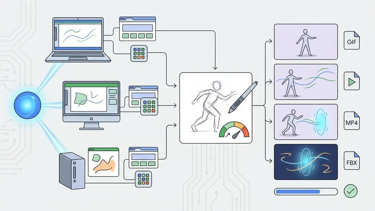 Computing devices sending sketch data to a central canvas for processing into various video file formats