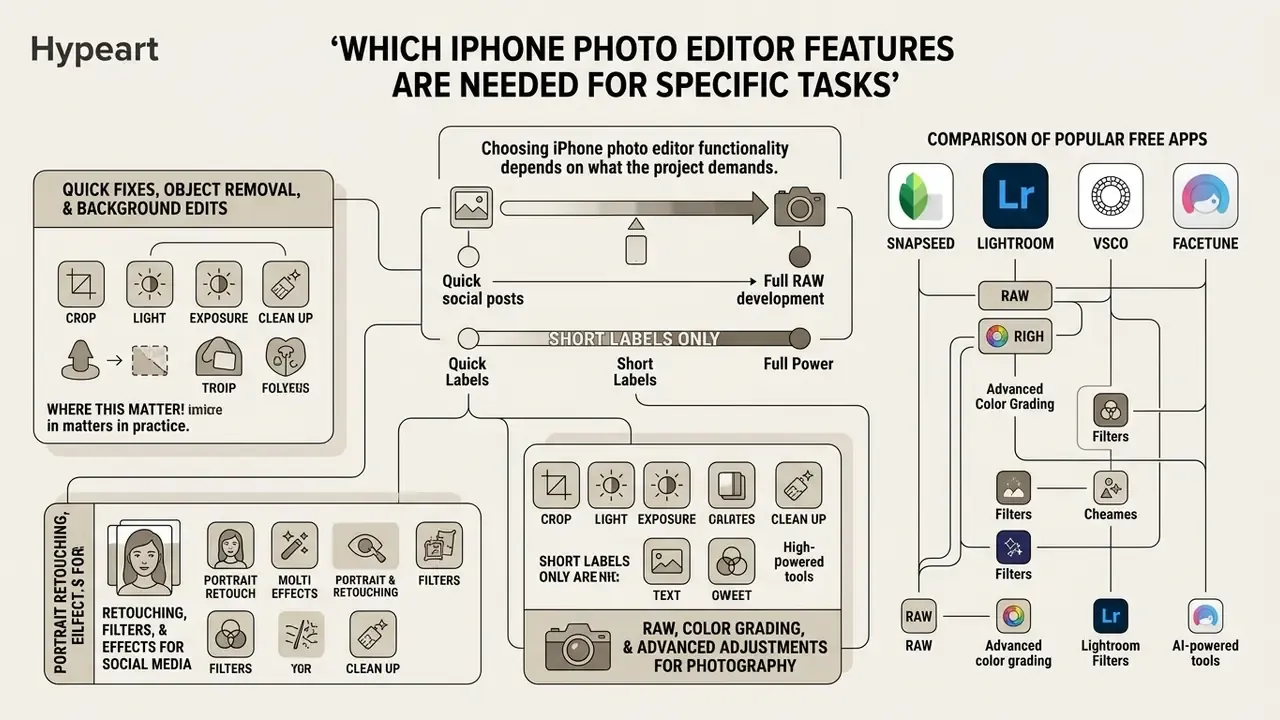 Infographic mapping iPhone photo editor features to specific tasks and comparing popular mobile apps