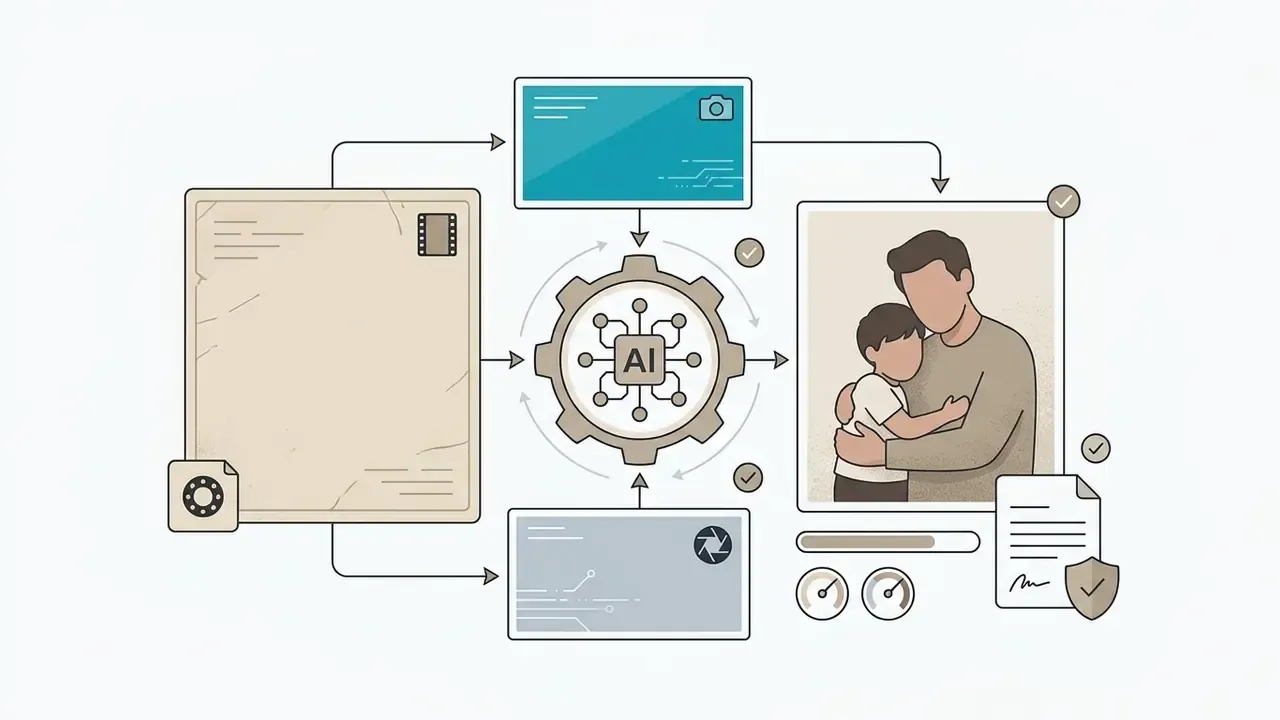 Workflow combining two source photos into a single image of an adult hugging their younger self
