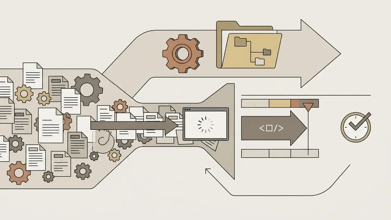 Files and gears entering a funnel leading to a loading screen and a prioritized processing timeline