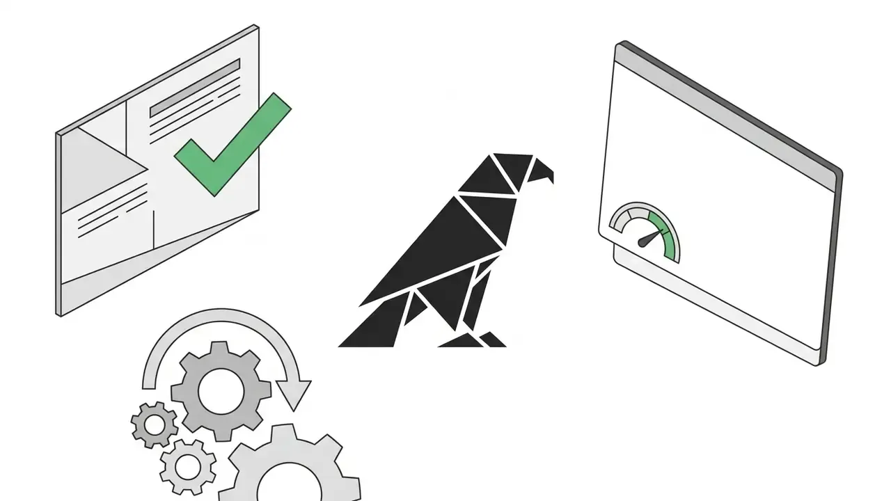 Geometric falcon icon positioned between a document with a checkmark and a gauge on a digital screen