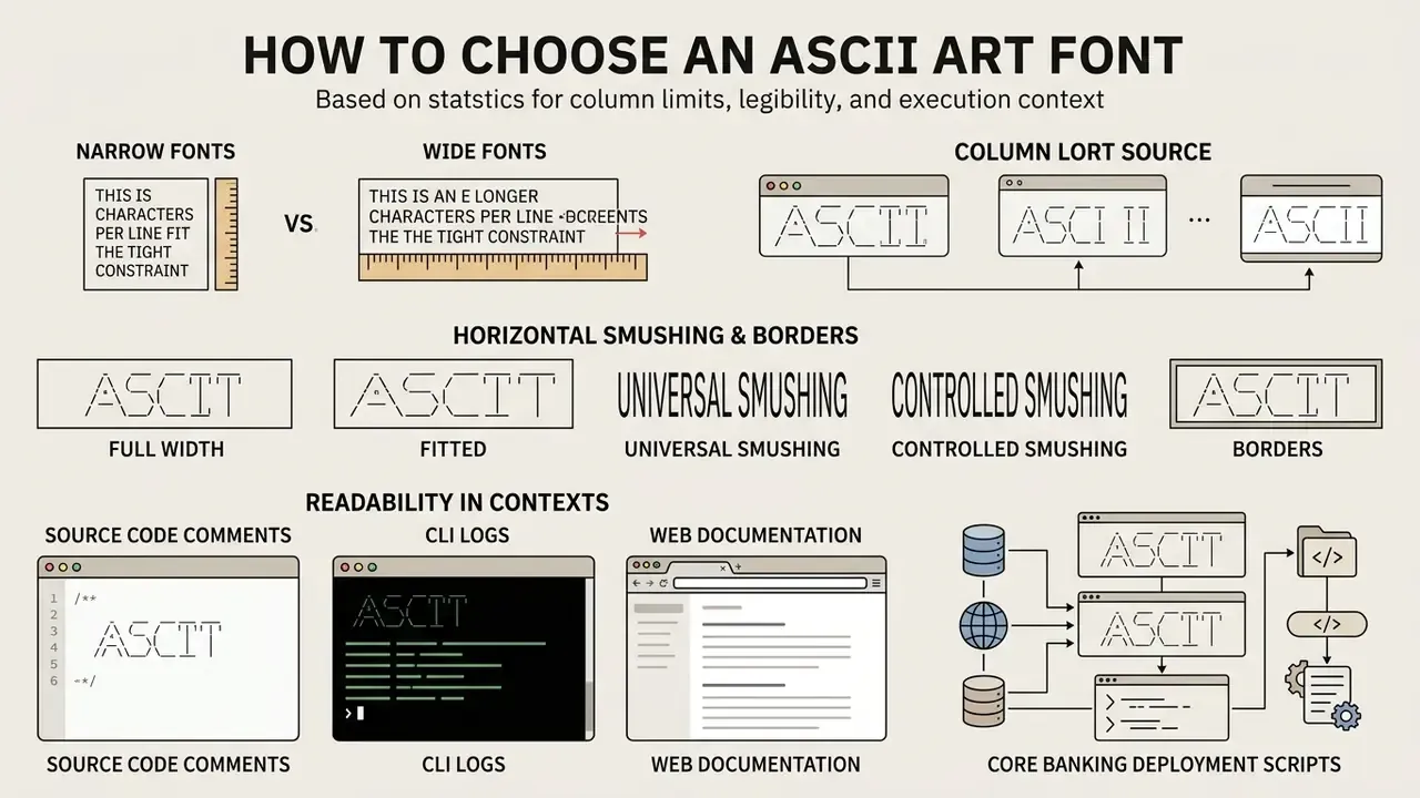 Diagram comparing font width, smushing styles, and readability across code, logs, and documentation