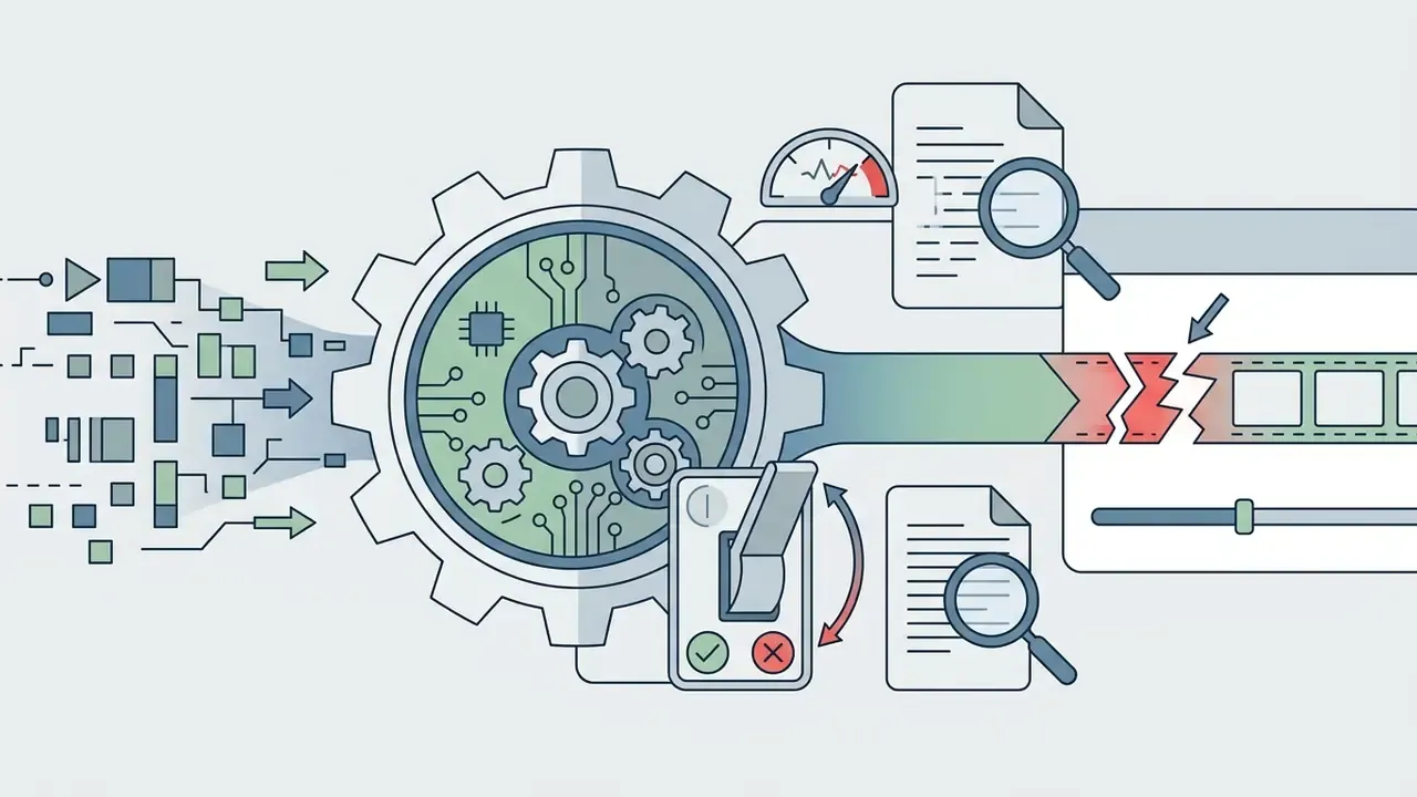 Digital data stream flowing through a gear mechanism and a toggle switch into a broken video timeline