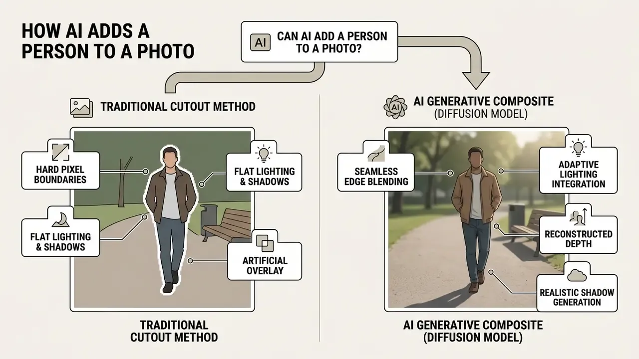 Diagram comparing traditional manual cutouts with AI generative composites showing lighting and depth