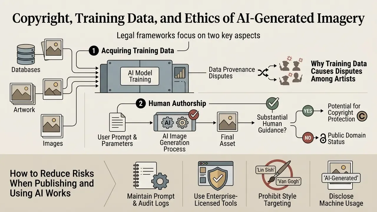 Infographic detailing legal considerations for training data, human authorship, and risk mitigation strategies